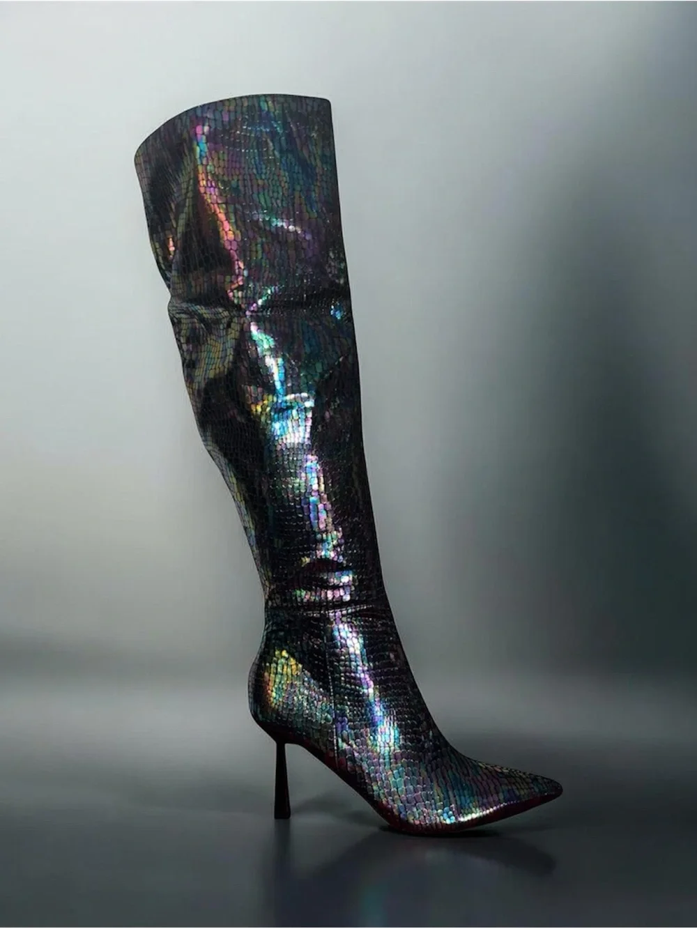 Iridiscent Mermaid Black Knee-High Stiletto Boot size 11 NWOT
